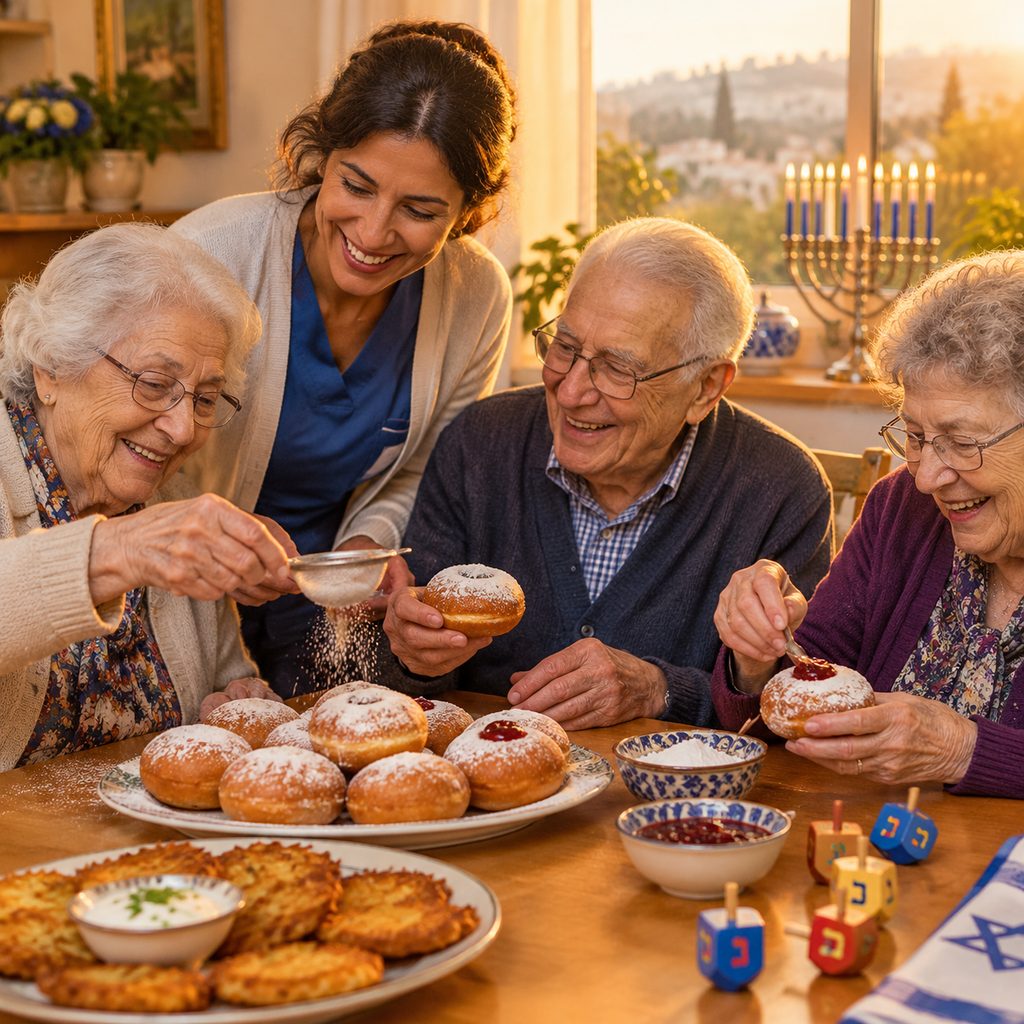 מבוגרים מקשטים סופגניות ליד חנוכייה